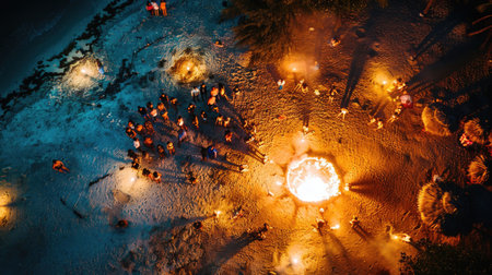 A circle of people gathers around a fire, seeking heat and comfort in the snowy landscape. The darkness enhances the art of the flames, creating a symmetrical and mesmerizing scene AIG50の素材