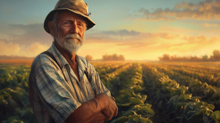 Portrait of farmer crossing arm at rice field sunset with golden ray. Agricultural person or researcher checking at crop while standing with arm folded at farm. Agriculture sustainable concept. AIG42.の素材