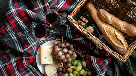 A picnic featuring a bottle of wine, grapes, cheese, bread, and a glass of wine, all laid out on a tartan blanket. The natural foods complement the plantbased recipe perfectly AIG50の素材