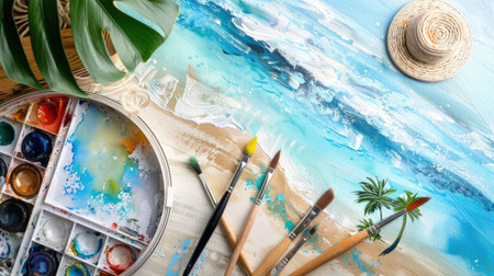 An art painting of a serene beach scene is placed on a wooden table. Brushes and paint are scattered nearby. The painting captures the beautiful sky and water AIG50の素材