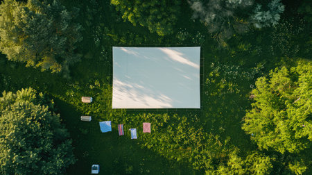 A group of people gathered in the forest around a large screen, surrounded by trees, shrubs, and grass. The landscape is filled with natural elements AIG50の素材