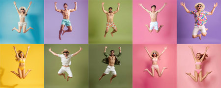 Summer people collection set, diverse people jumping on colorful background, many people funny jump wearing summer outfit fashion ready for swim and summer activity, summertime, beachwear AIG48の素材