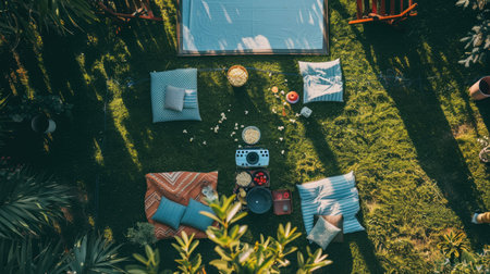 A picnic blanket is spread out on a vibrant green lawn surrounded by tall trees, shrubs, and colorful flowers, creating a picturesque tableau for a relaxing outdoor event AIG50の素材