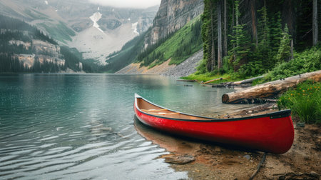 A red canoe is docked on the shore of a picturesque lake with majestic mountains towering in the background, surrounded by a serene natural landscape under a cloudy sky AIG50の素材