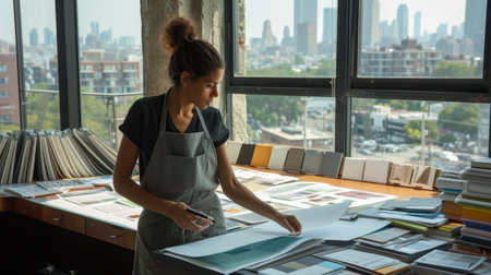 An interior designer is absorbed in evaluating various fabric samples spread across her studio table, with a backdrop of the cityscape outside. AIG41の素材