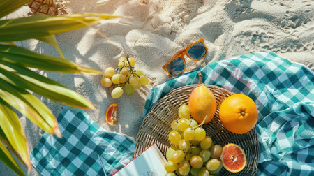 A plantbased picnic blanket with a variety of natural foods and a book on a beach with grass patterns, creating an artistic and relaxing atmosphere AIG50の素材