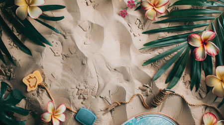 A surfboard rests on a sandy beach, adorned with tropical leaves and flowers. The scene resembles a picture frame of natural art, with vibrant petals and lush greenery AIG50の素材