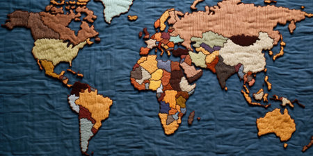Knitted world map in various colors on a dark background. The world map made from various cloth. Handicraft and creative arts concept. Design for global cultures, and community craft theme. AIG35.の素材