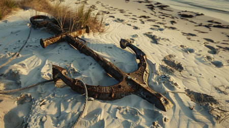 A weathered anchor rests on the sandy beach, surrounded by the gentle lapping of water. Nearby, a vibrant plant adds a touch of life to the serene scene AIG50の素材
