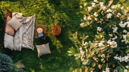 A picnic blanket is spread out on a vibrant green lawn surrounded by tall trees, shrubs, and colorful flowers, creating a picturesque tableau for a relaxing outdoor event AIG50の素材