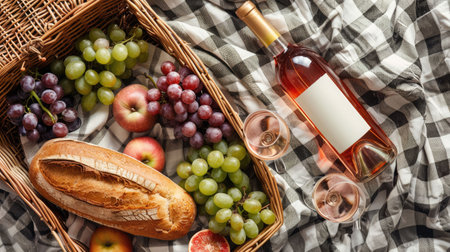 A picnic basket filled with natural foods like fruit and bread, placed on a checkered blanket for a relaxing outdoor meal AIG50の素材