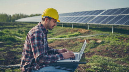 Skilled engineer working and analyze data by using laptop at solar cell. Professional technician and electrician working on computer while looking at electrical data and wearing safety helmet. AIG42.の素材