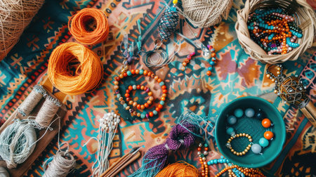 A textile table is decorated with yarn, beads, scissors, and flowers. The aqua, electric blue, and magenta colors create a vibrant artistic display of creative arts and patterns AIG50の素材