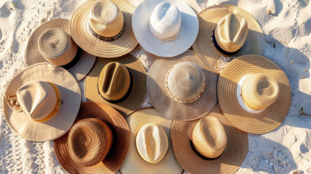 A stack of hats forming a circle pattern on the beach, resembling a fluid organism in an art installation. This unique recreation blends science and creativity in a liquidlike display AIG50の素材