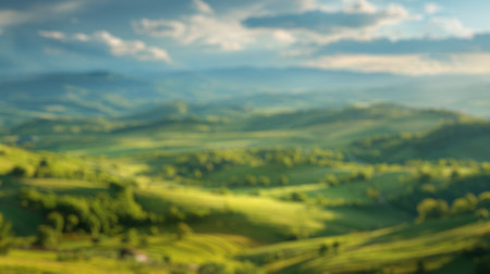 Blur background of countryside landscape in spring season with lawn and blue sky. Park surrounded...
