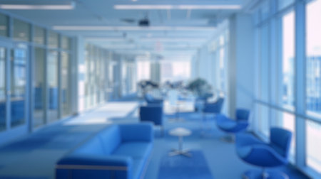 Blur background of contemporary office lounge with blue furniture and glass walls. Lobby decorate with blue wall. Modern corporate interior design concept. Design for wallpaper, banner. Spate.の写真素材
