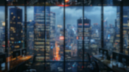 Blur background of digital art of window of city urban skyline with glowing lights in night time....