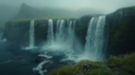 Blur background of mystical waterfall with sunlight piercing through lush greenery. Nature and green...
