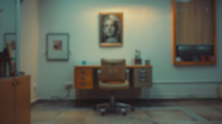 Blur background of vintage office with wooden desk, chair, and portrait on the wall. Retro workplace...
