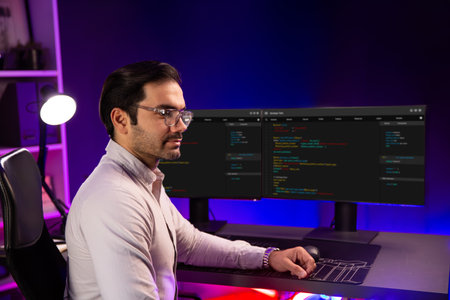 Smart IT developer working software development coding on pc screen pose on camera looking outside...
