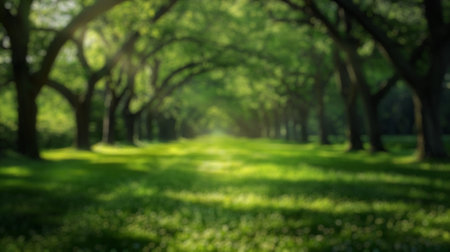 Blur background of sunlight filtering through trees in a lush forest. Soft light nature photography. Peaceful nature and solitude concept. Design for relaxation and meditation spaces, poster. Spate.の写真素材