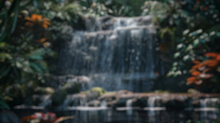 Blur background of waterfall cascading into a forest pond. Beautiful waterfall surrounded with natural forest and sun ray. Nature photography. Natural tranquility concept. Design for poster. Spate.の写真素材