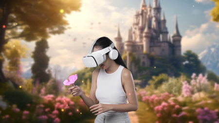 Woman standing with using VR turn on transfer wonderland metaverse taking magic flower in fairytale...