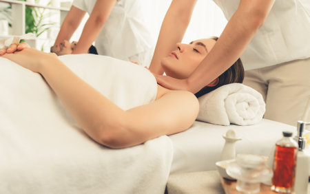 Caucasian couple customer enjoying relaxing anti-stress spa massage and pampering with beauty skin...