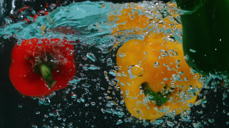 Close up of a red, green and yellow bell pepper floating in water. The pepper is round and red, with a green stem at the top. Macro of red bell pepper dropping in to water and splashing. Pabulum.の写真素材