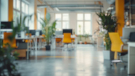 Blur background of meeting room with large table and modern chairs. Workplace decorated with modern style. Minimalist and professional office design. Design for poster, wallpaper, banner. Spate.の写真素材