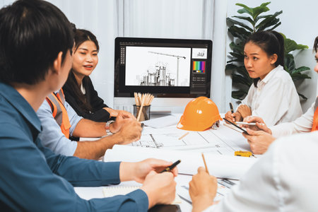 Diverse group of civil engineer and client working together on architectural project, reviewing construction plan and building blueprint at meeting table. Prudentの写真素材