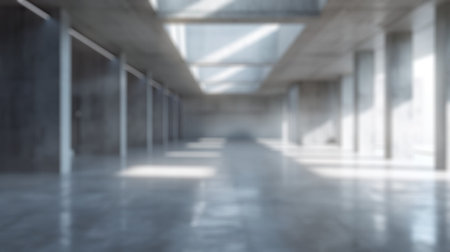 Blur background of concrete architectural building with sun ray shining. Empty concrete room with skylight. Industrial architecture and minimalist design. Design for poster, wallpaper. Spate.の写真素材
