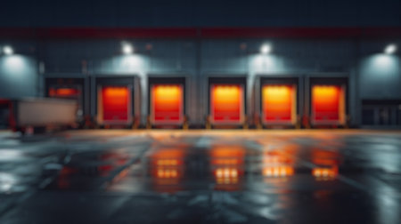 Blur background of loading docks with closed doors and a parked red truck at night. Red truck parking in storage. Industrial warehouse and logistics facility. Design for poster, wallpaper. Spate.の写真素材