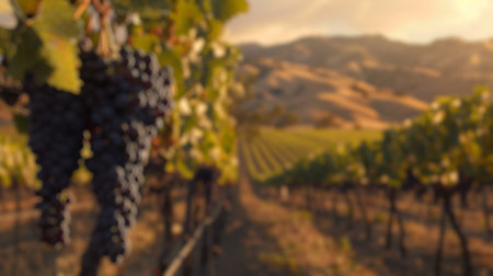 Blur background of fresh golden vineyard at sunset with vine rows and farmhouse in the background. Wine country photography. Harvest and rural beauty concept. Design for wine marketing. Spate.の写真素材