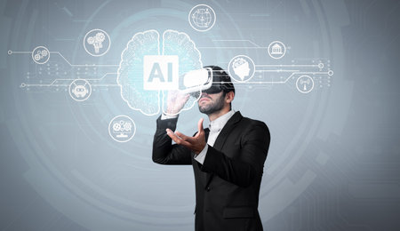Manager using VR glass writing and programing engineering prompt. Professional business man wearing...
