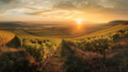 Blur background of sunset shining over lush vineyards with rolling hills in the background. Agricultural landscape photography. Wine production and rural beauty concept. Design for poster. Spate.の写真素材