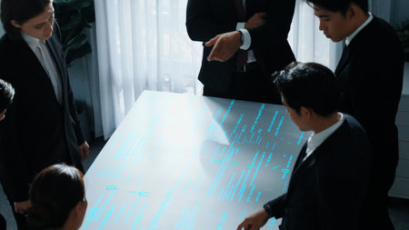 Top view of professional business team share idea about coding prompt or programing engineering code. Group of diverse smart investor brainstorming strategy of data analysis at meeting. Directorate.の写真素材