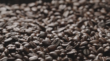 Macro shot of super slow motion shot of fresh coffee bean placed with black background. Close up of piles of aromatic roasted coffee seed surrounded. Macrography. Beans scattering around. Comestible.の写真素材