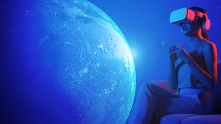 Siting on sofa of surprised woman in VR turning to rotate surface earth metaverse blue neon digital...