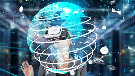 Woman looking around analyzed world finance data through VR glasses uploading turn around global...