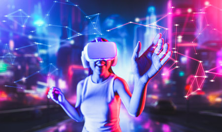 Blurry female standing in cyberpunk style building wear VR headset connecting metaverse, future cyberspace community technology. Woman use hand touching virtual reality objects. Hallucination.の写真素材
