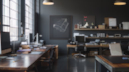 Blur background of modern office with industrial decor, desks, wooden floor and computers. Contemporary workplace design concept. Design for poster, wallpaper, banner, greeting card. Black. Spate.の写真素材