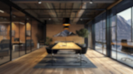 Blur background of blurred modern office interior with plant on desk. Workplace with plant decorated. Modern workplace and office decor concept. Design for poster, wallpapers, banner. Spate.の写真素材