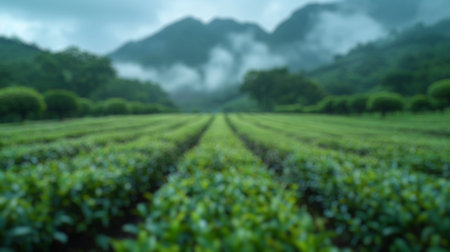 Blur background of tea plantation under a cloudy sky. Agricultural and eco-tourism photography. Sustainable farming and tea field concept. Design for travel brochure, environmental poster. Spate.の写真素材