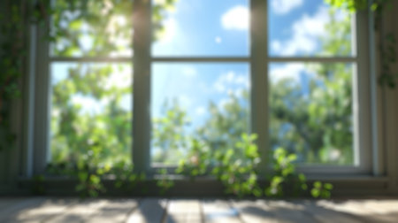 Blur background of close up of a window with green leaves outside. Window view of tree leave and...