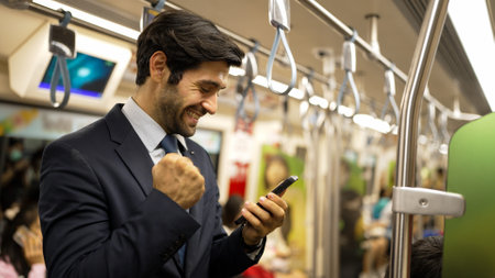 Professional business man celebrate for getting promotion while standing in train. Caucasian male ,leader looking at phone while receive good news about successful project, increasing sales. Exultant.の写真素材