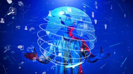 Smart man using VR goggle to connect global network connection. Happy man with casual cloth access...