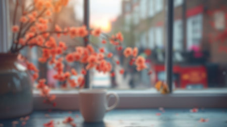 Blur background of branch with flower blooming and cup of hot coffee placed on wooden desk near...