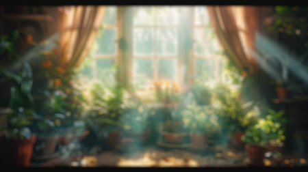 Blur background of natural light shine though window in spring season with tree and flower plant in...