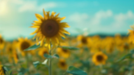 Blur background of sunflower in full bloom under a sunny sky. Sunflower blooming in garden at sunset with blurring background.Nature photography. Summer and agriculture concept. Poster design. Spate.の写真素材